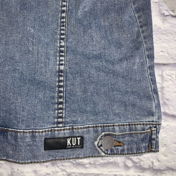 Kut from the Kloth Medium Jean Jacket Distressed Stretch Trucker Blue Denim - Picture 10 of 12